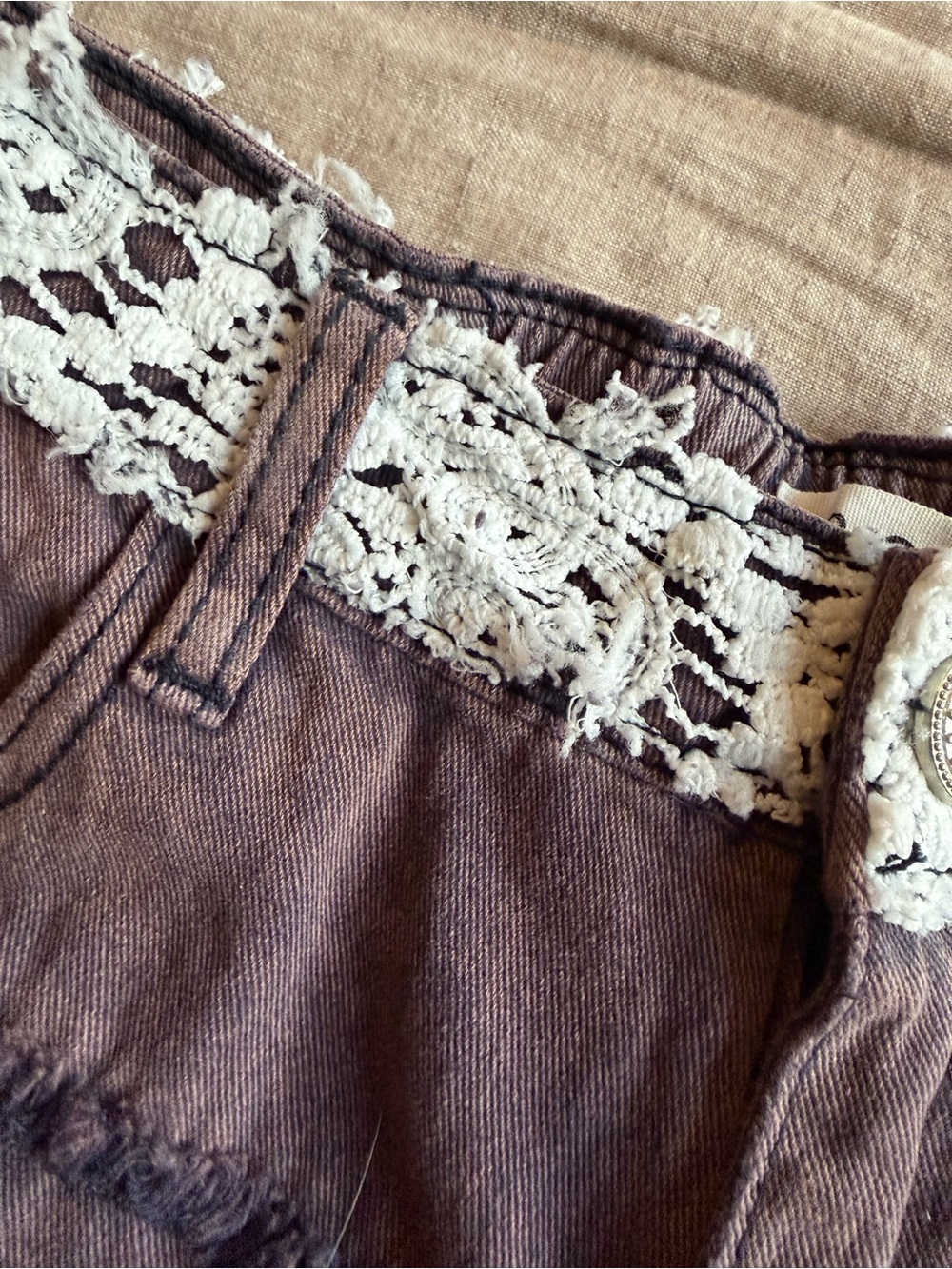 POL Crochet Patch Wide Leg Jeans Antique Navy Boho Cotton M Festival - Picture 4 of 8
